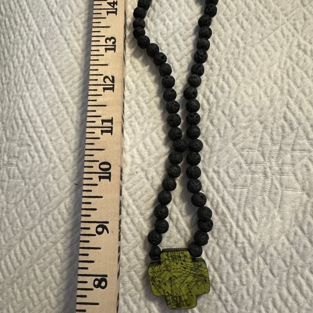Beautiful Rare Lava Bead Necklace with Green Cross‎ Pendant